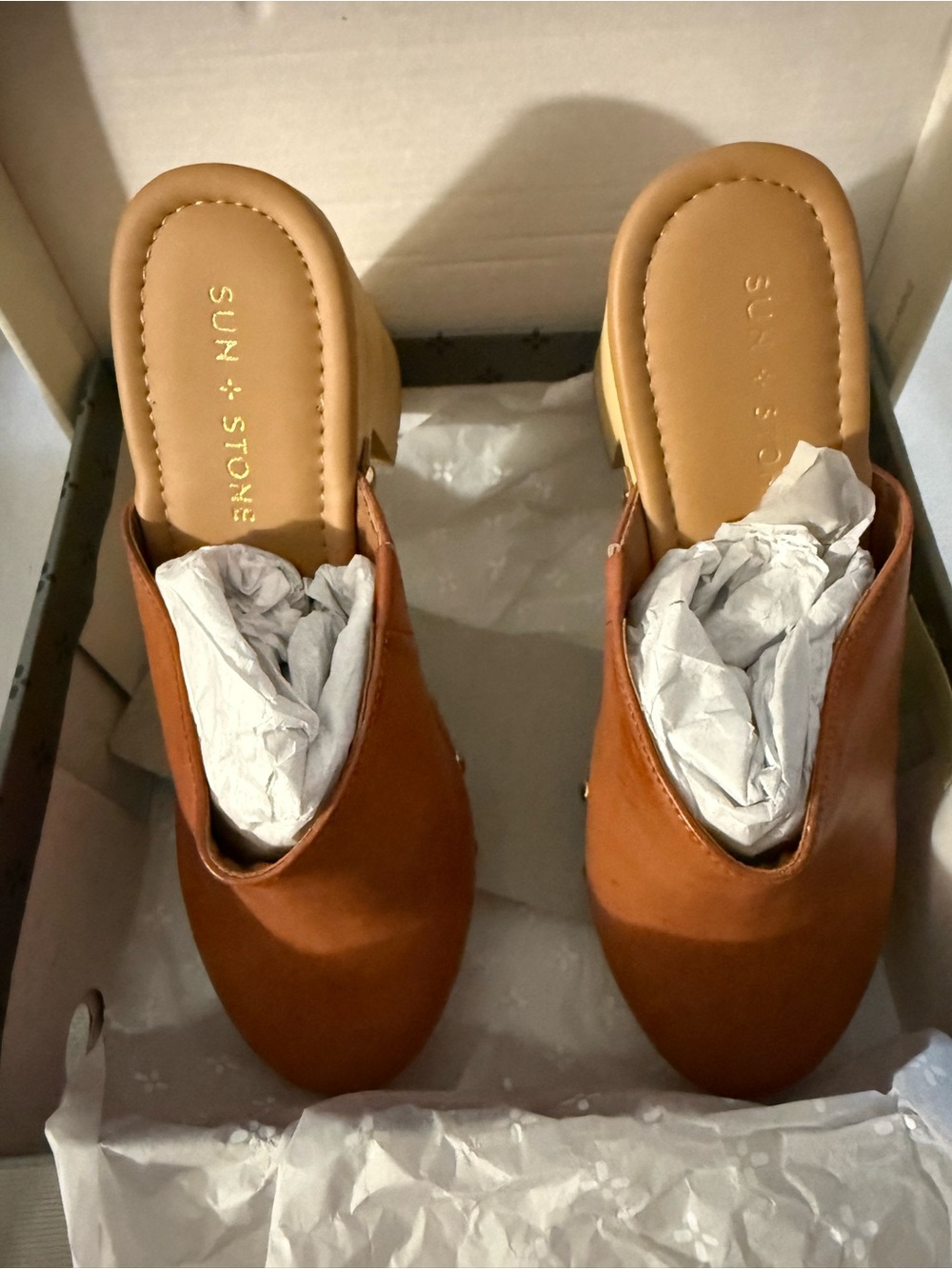 Sun + Stone Cognac faux Leather Slip-On Block Heel Mules